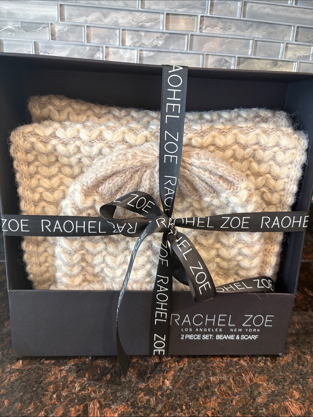 Rachel Zoe Cream Chunky Knit Beanie & Scarf Set